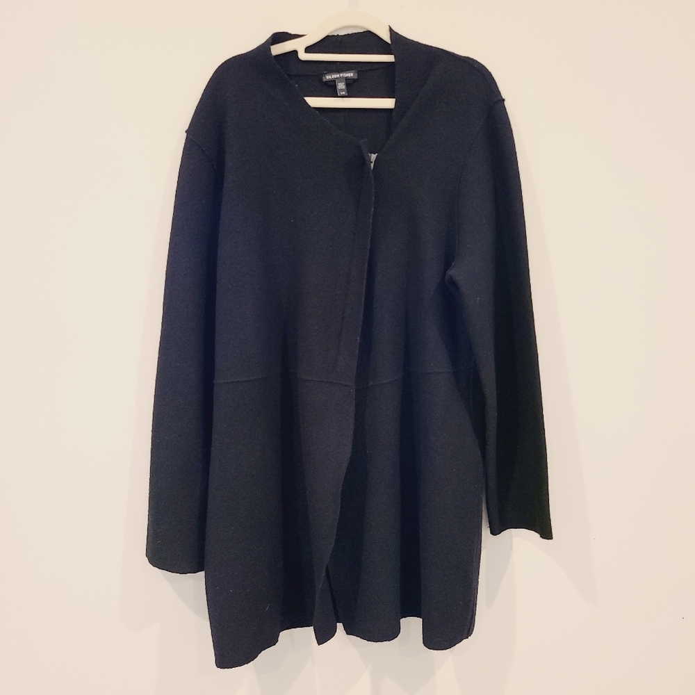 Eileen Fisher 100% Merino Wool Black Asymmetrical Zipper Jacket - Picture 2 of 10